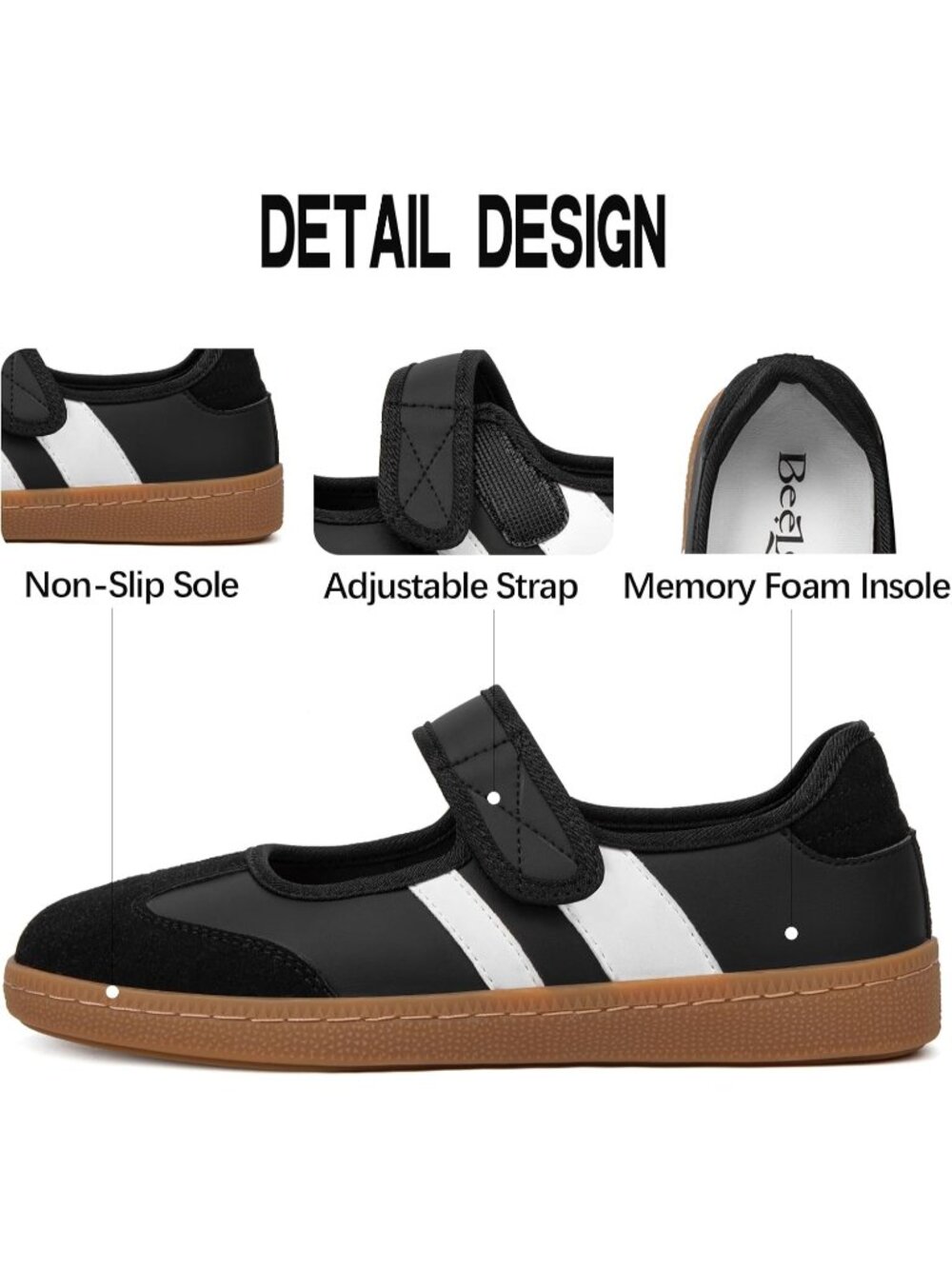 Women's Black White Non Slip Walking Flats Shoes Comfortable Ballet Sneakers - Picture 2 of 7